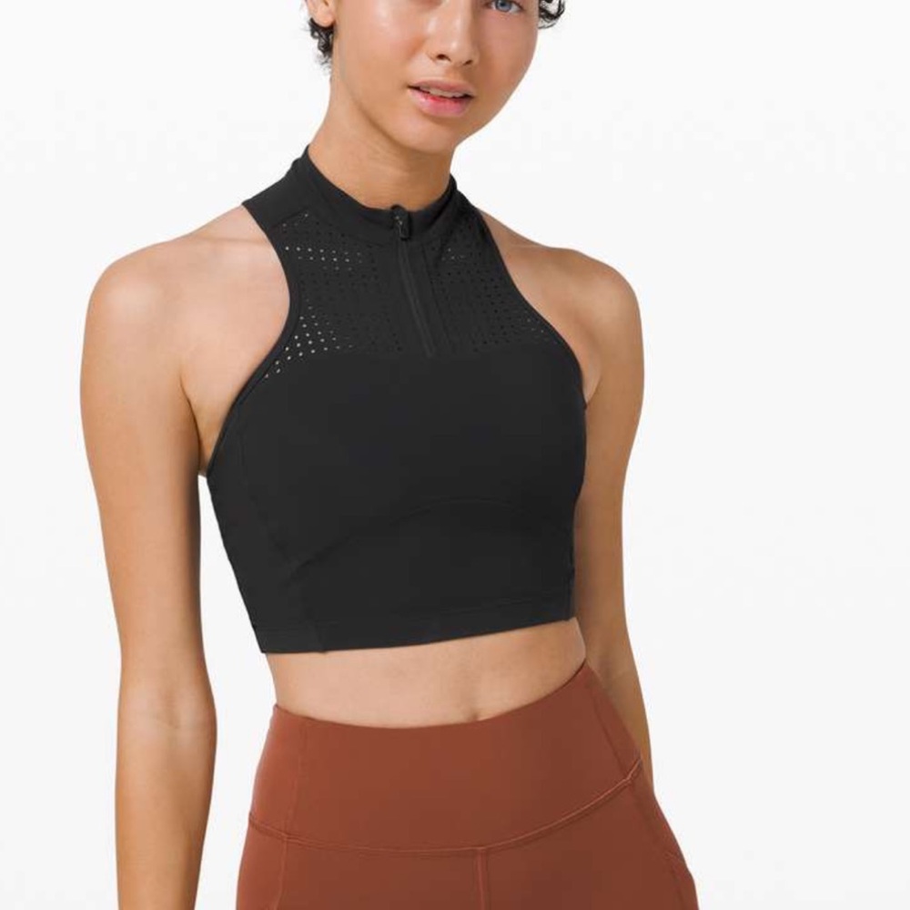 lululemon unleash strength bra tank medium support zip crop top black 6